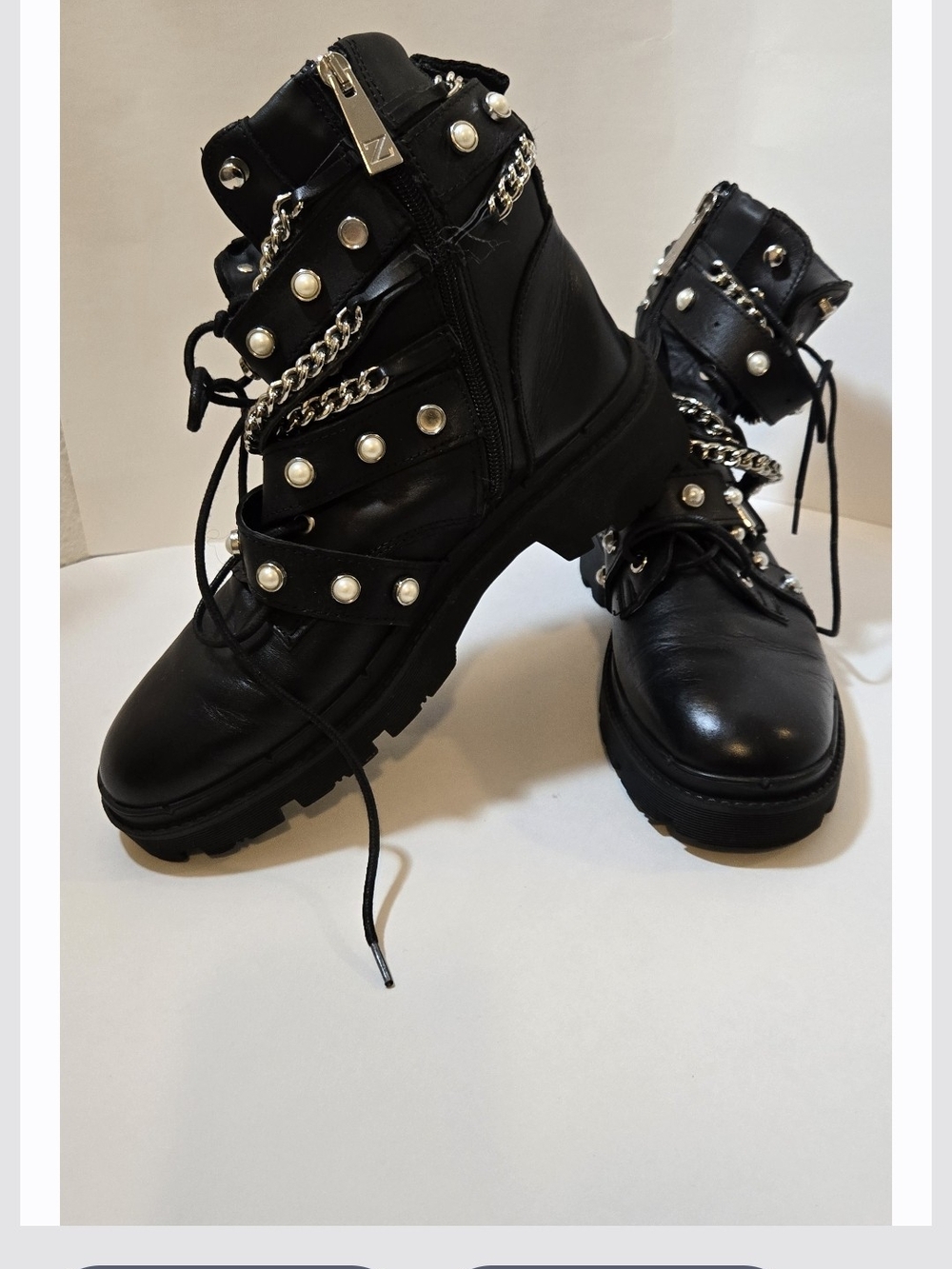Zara Black Pearl-Chain Combat Boots - Women